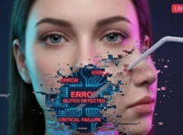 AIライブ配信のバグで顔がノイズ化し、ストローが頬を貫通した日本人女性の画像