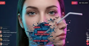 AIライブ配信のバグで顔がノイズ化し、ストローが頬を貫通した日本人女性の画像