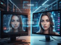 AIによるライブ配信市場の調査比較イメージ。画面左側には「AI ERROR: DATA NOT DETECTED（データ未検出）」の警告が表示された古いブラウン管モニターと、低解像度（640p）で描かれた女性。画面右側には、最新のフラットモニターに映る高画質（1080p）で鮮明な女性と、リアルタイムの稼働データを示すUI。情報の透明性と技術格差を対比させたビジュアル。