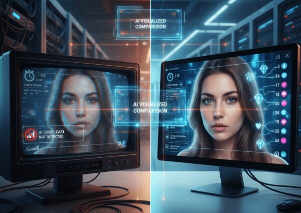 AIによるライブ配信市場の調査比較イメージ。画面左側には「AI ERROR: DATA NOT DETECTED（データ未検出）」の警告が表示された古いブラウン管モニターと、低解像度（640p）で描かれた女性。画面右側には、最新のフラットモニターに映る高画質（1080p）で鮮明な女性と、リアルタイムの稼働データを示すUI。情報の透明性と技術格差を対比させたビジュアル。