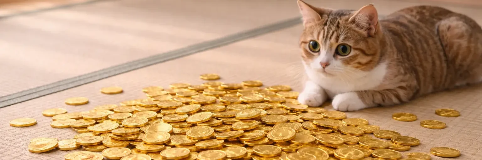 畳の上で伏せた猫の前にたくさんの小判が広がっている様子。価値があっても仕組みを知らなければ活かせないことを表現したイメージ。