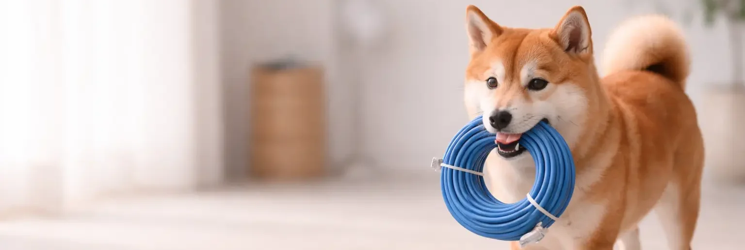 室内で丸く束ねた青いLANケーブルをくわえて歩く柴犬の様子。働き方や環境を自分でつないでいくイメージを表現したビジュアル。