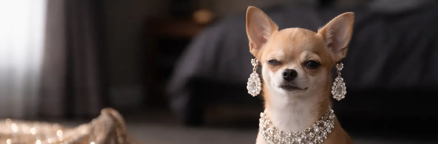 イヤリングとネックレスを身につけてウインクするチワワのイメージ。成果や魅力は仕組みや考え方で引き出せることを表現したビジュアル。