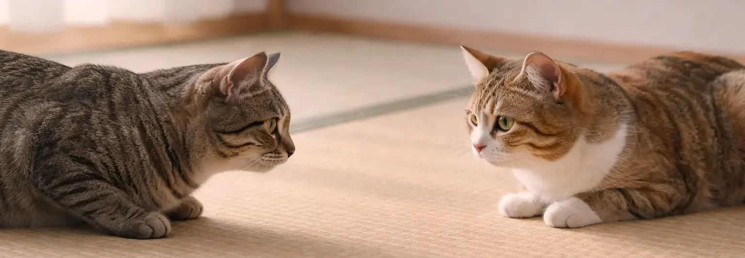 畳の上で向かい合い、じっと見つめ合う2匹の猫の様子。タイミングや距離感が大切なコミュニケーションをイメージしたビジュアル。