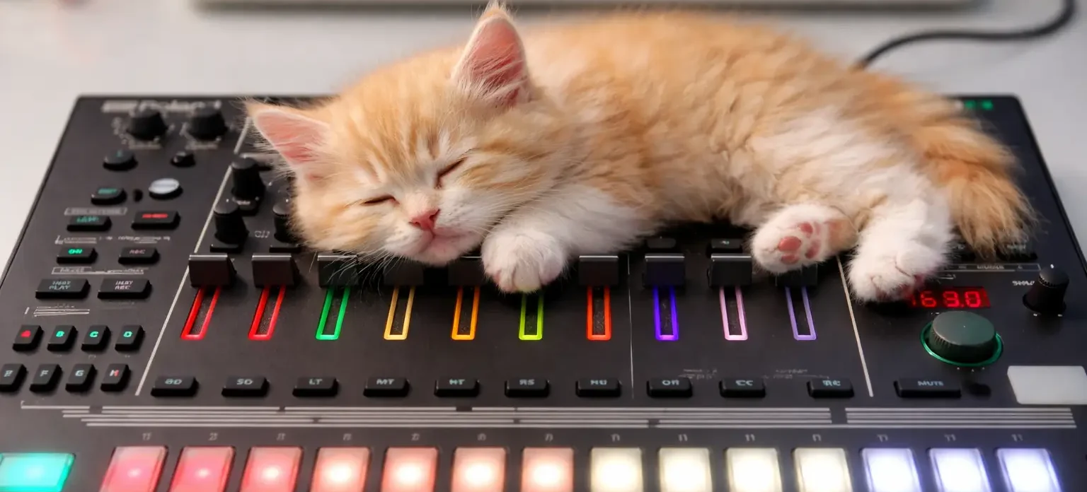 音楽機材の上で気持ちよさそうに眠る子猫の様子。環境を整えることで心地よく配信できる状態を表現したイメージ。