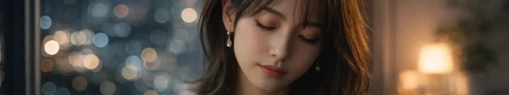 夜景を背に落ち着いた表情で気持ちを整理する女性