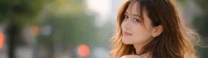 A young woman looking back over her shoulder while walking outdoors, softly blurred city background, capturing a moment of reflection and transition