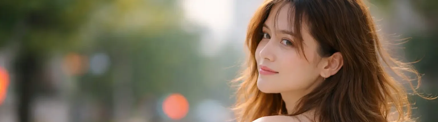 A young woman looking back over her shoulder while walking outdoors, softly blurred city background, capturing a moment of reflection and transition