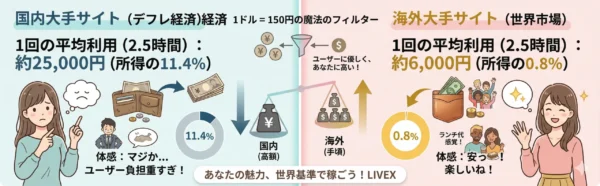 国内大手サイトと海外大手サイトの、ユーザー負担額と所得に対する支出割合を比較したインフォグラフィック。 左側（国内大手サイト）： デフレ経済下、1回の平均利用（2.5時間）で約25,000円。これは日本人の月間可処分所得の**「11.4％」**を占め、ユーザーの負担が非常に重いことを、悲しむ女性と財布のイラストで表現しています。 右側（海外大手サイト）： 世界市場において、同じく2.5時間の平均利用で約6,000円（400トークン）。これは主要海外ユーザーの月間可処分所得のわずか**「0.8％」であり、「ランチ代感覚」**で遊べることを、楽しげな女性とジェントルマンのイラストで表現しています。 中央： **「1ドル＝150円の魔法のフィルター」**という文字と共に、円安（レバレッジ）によって、海外ユーザーの「安さ（遊びやすさ）」と、キャストの「稼ぎやすさ」が両立するLIVEXのシステム（砦）の仕組みを示唆しています。 下部： 「あなたの魅力、世界基準で稼ごう！ LIVEX」というキャッチコピーを配置しています。