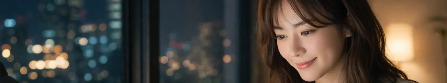 夜の部屋でリラックスしながらパソコン作業をする女性