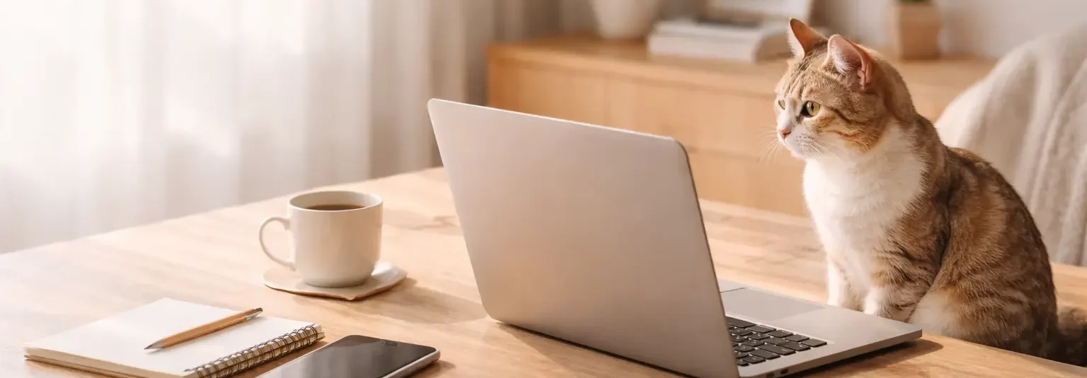 ノートパソコンの画面を見つめる猫と、日常的なデスクの風景。お金や安全について気軽に学べる安心感のあるイメージ。
