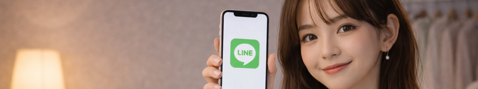 スマートフォンでLINEアプリを表示しながら微笑む女性とノートパソコンのある室内シーン