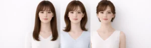 同じ女性がヘアスタイルとメイクの違いで3パターンに見える比較イメージ。見せ方によって印象が大きく変わることを表現。